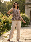 Coffee Checks Linen Cotton Co-ord Top and Bottom Set