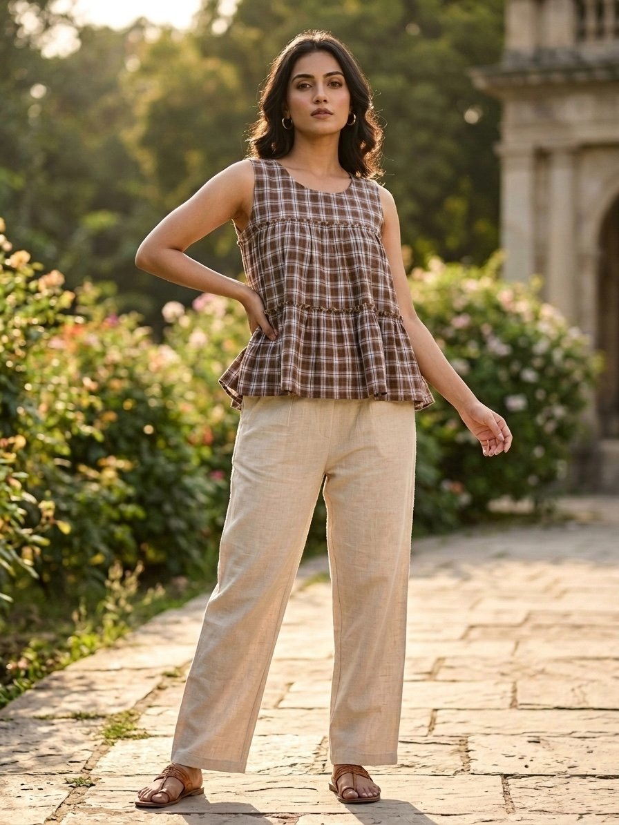 Coffee Checks Linen Cotton Co-ord Top and Bottom Set