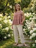 Maroon checkered top and bottom set made from a linen-cotton blend.