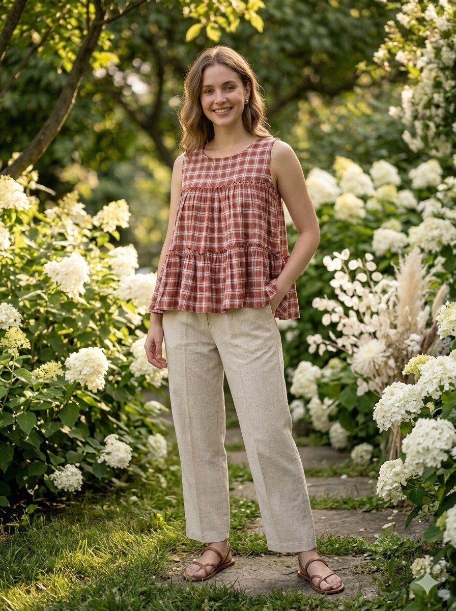Maroon checkered top and bottom set made from a linen-cotton blend.