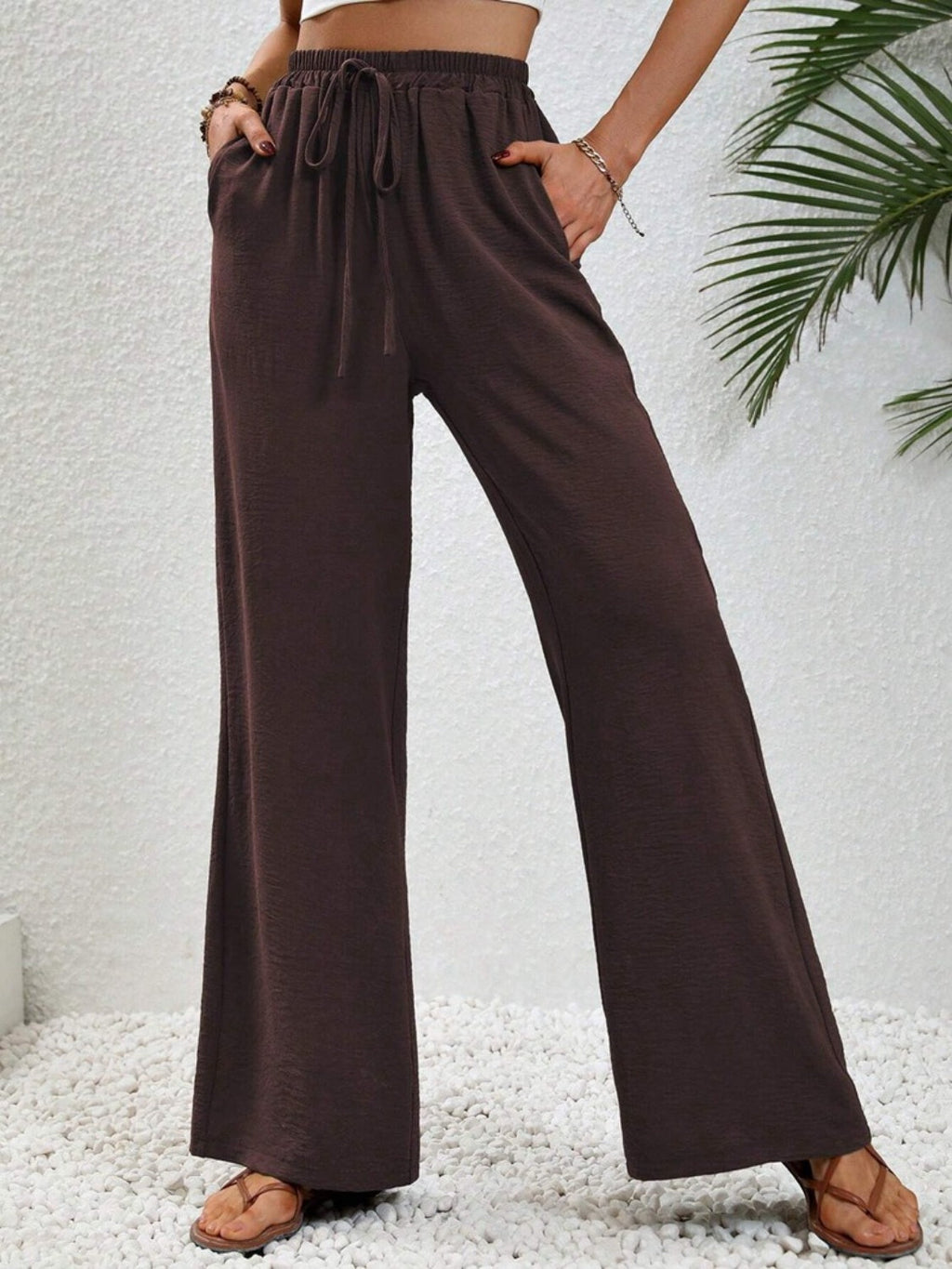 Women Wide Leg Drawstring Pants Lightweight Comfortable Trousers - Image 25