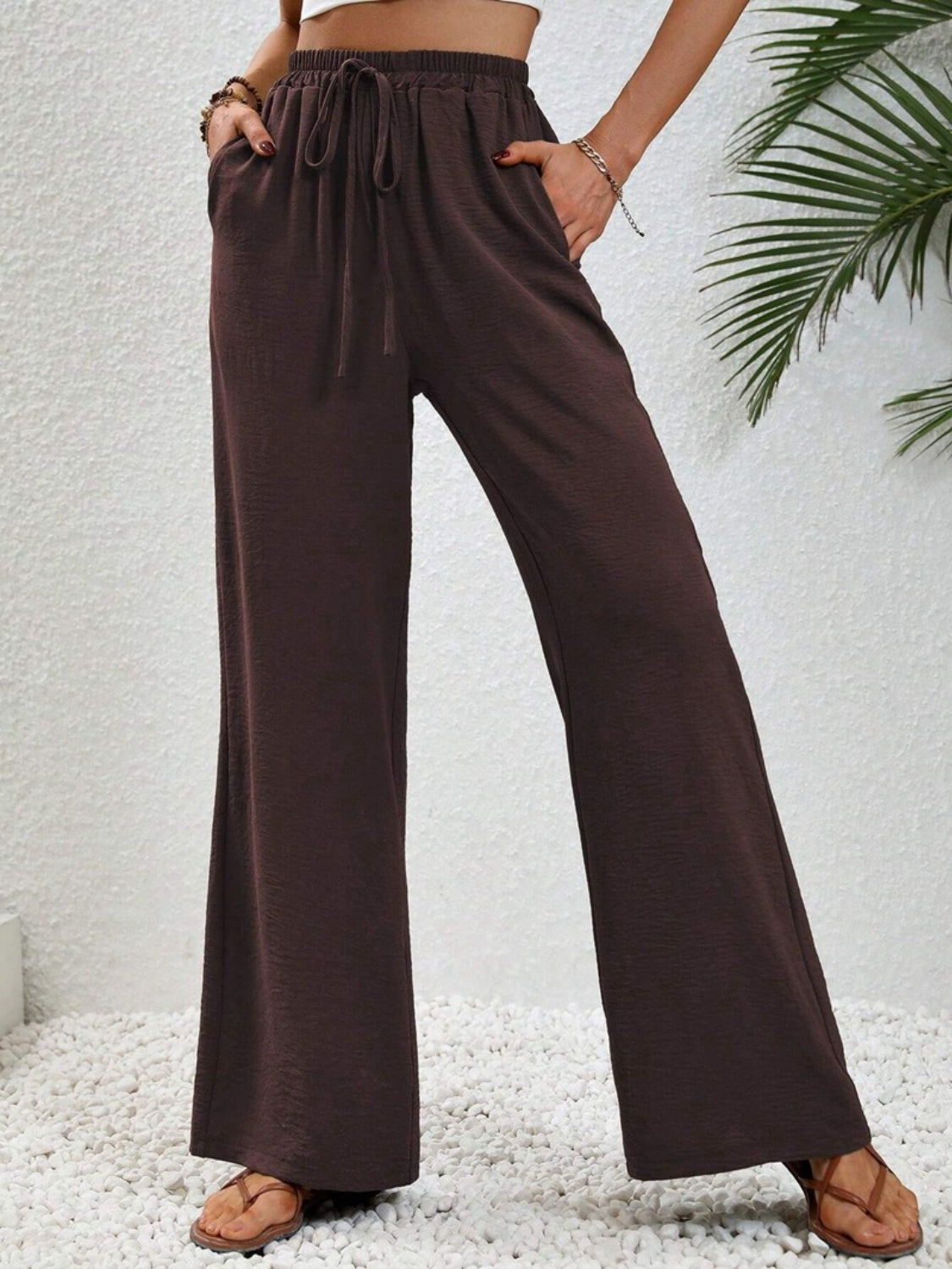 Women Wide Leg Drawstring Pants Lightweight Comfortable Trousers - Image 25