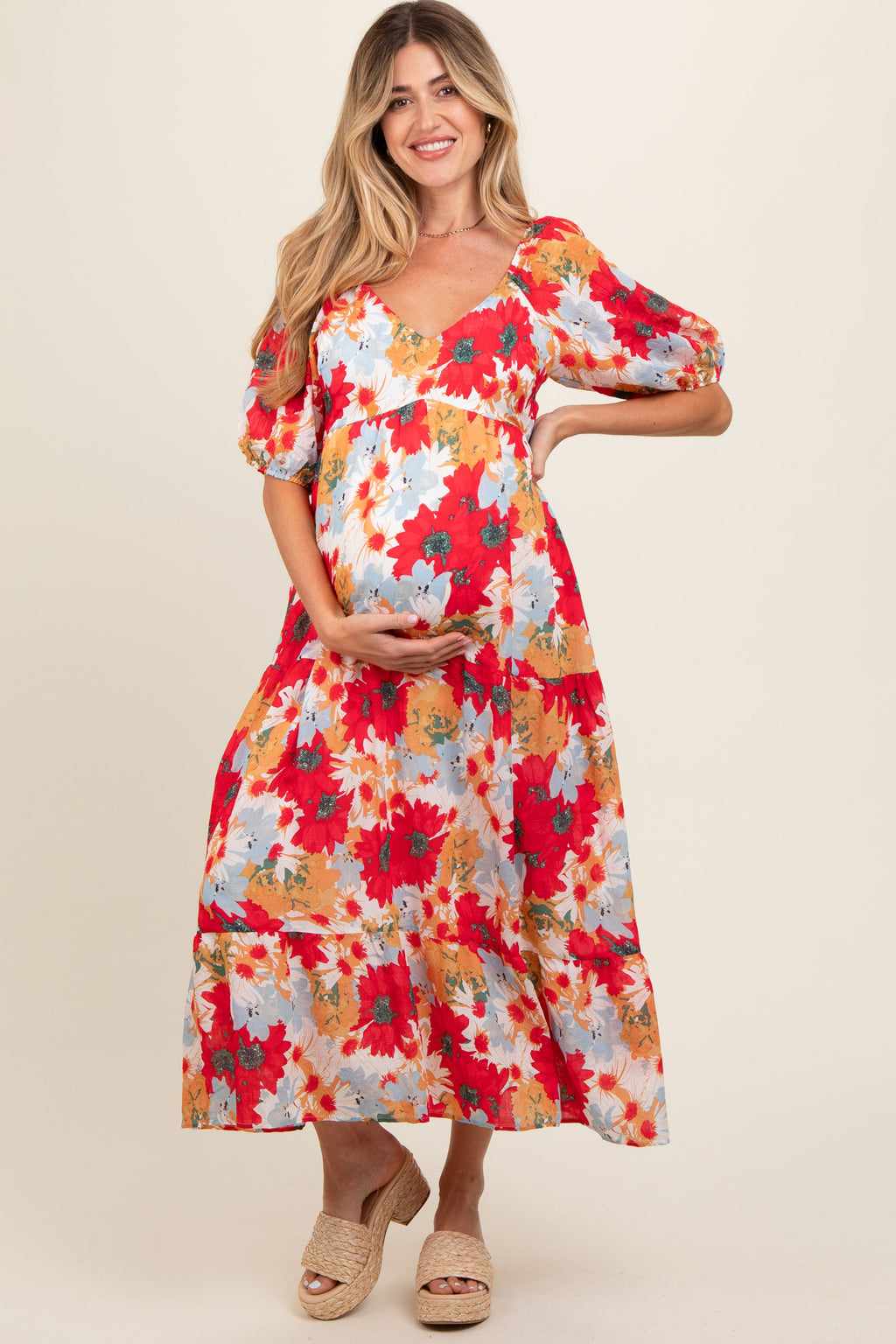 Red Floral Midi Dress | Maternity Puff Sleeve