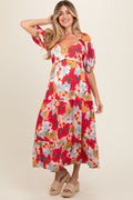 Red Floral Midi Dress | Maternity Puff Sleeve