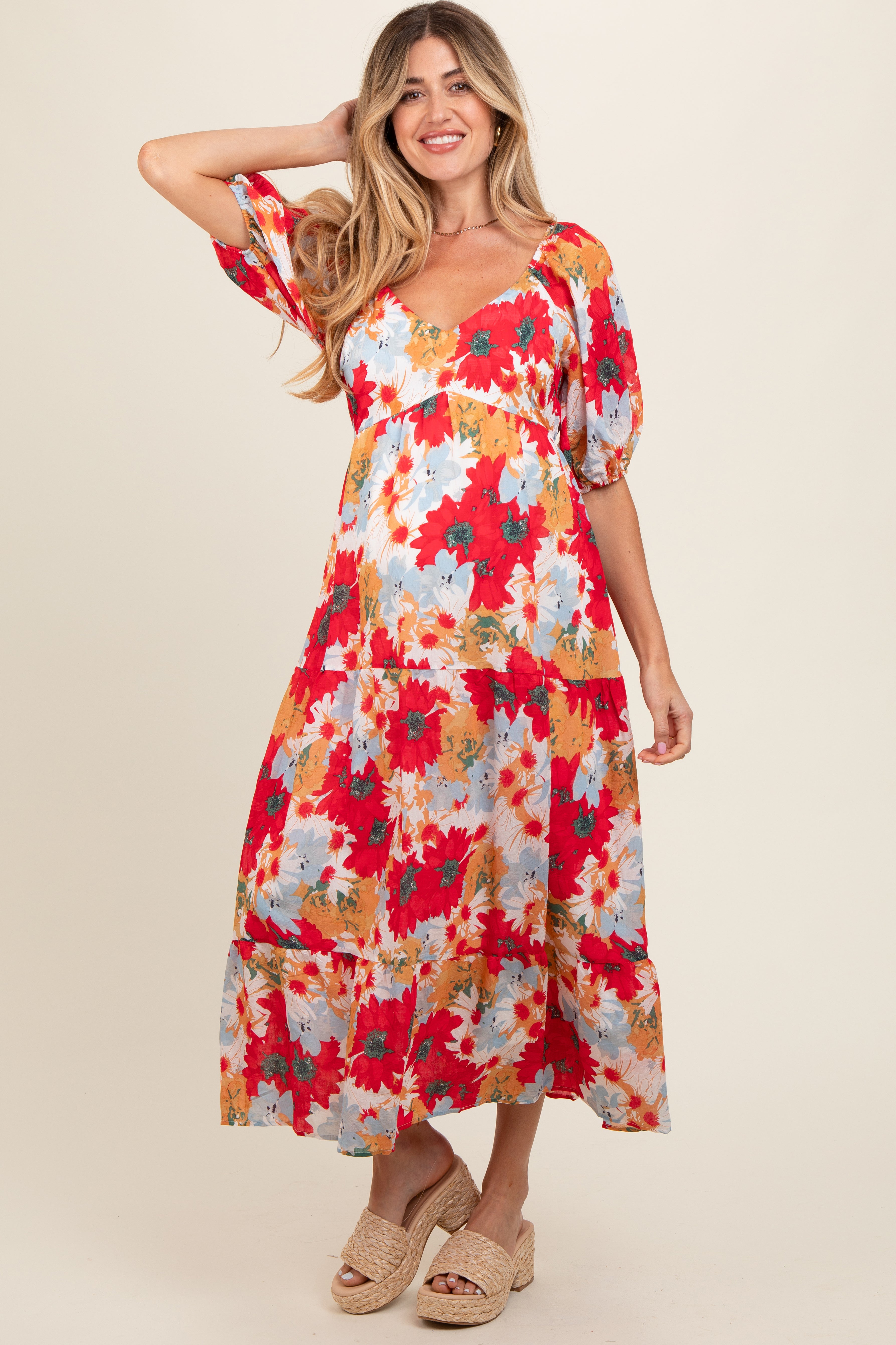 Red Floral Midi Dress | Maternity Puff Sleeve