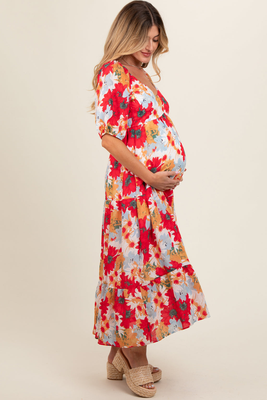 Red Floral Midi Dress | Maternity Puff Sleeve