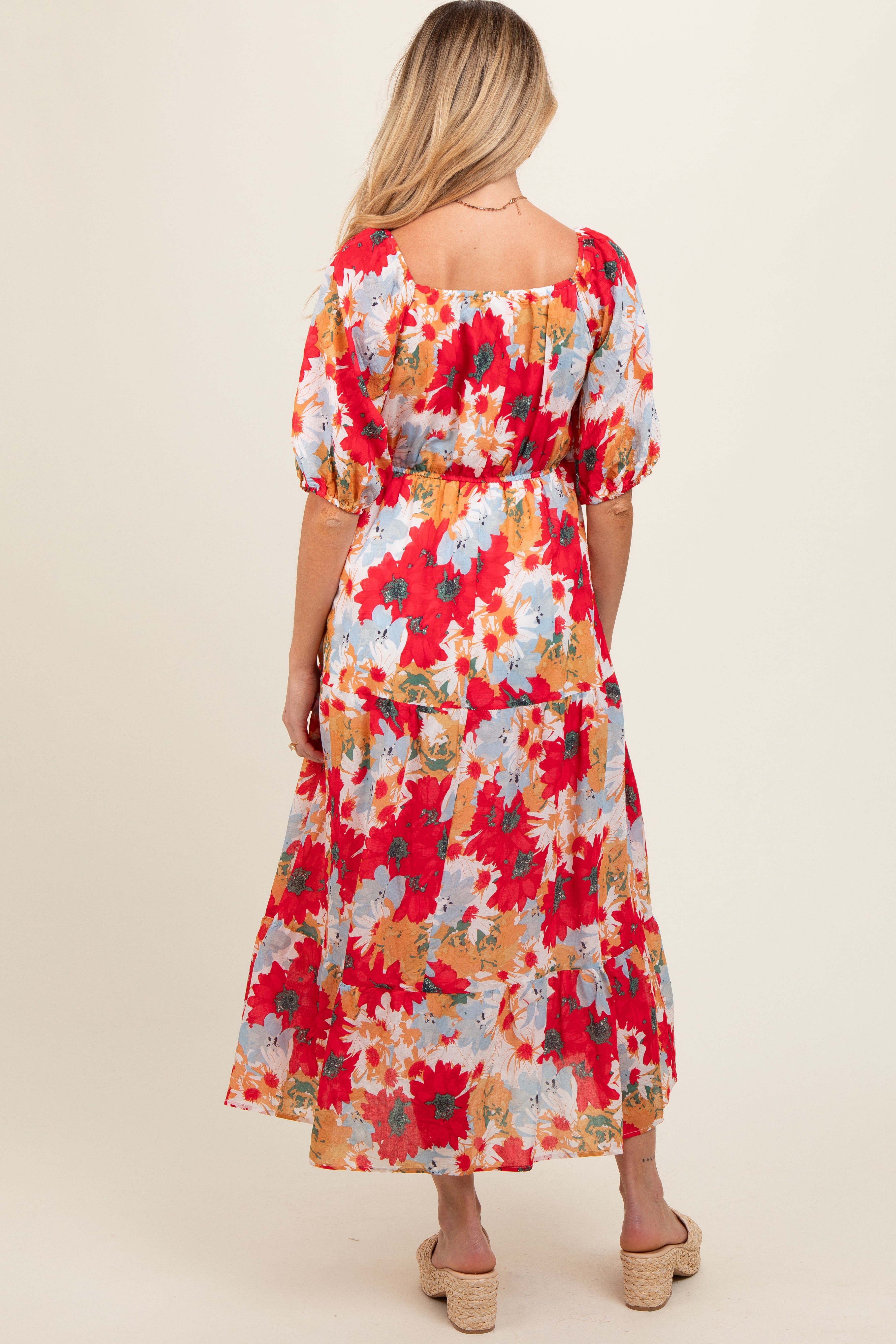 Red Floral Midi Dress | Maternity Puff Sleeve