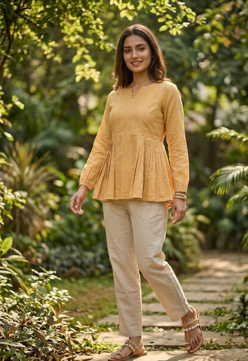 Model wearing a yellow linen cotton co-ord set with pleated top and matching pants