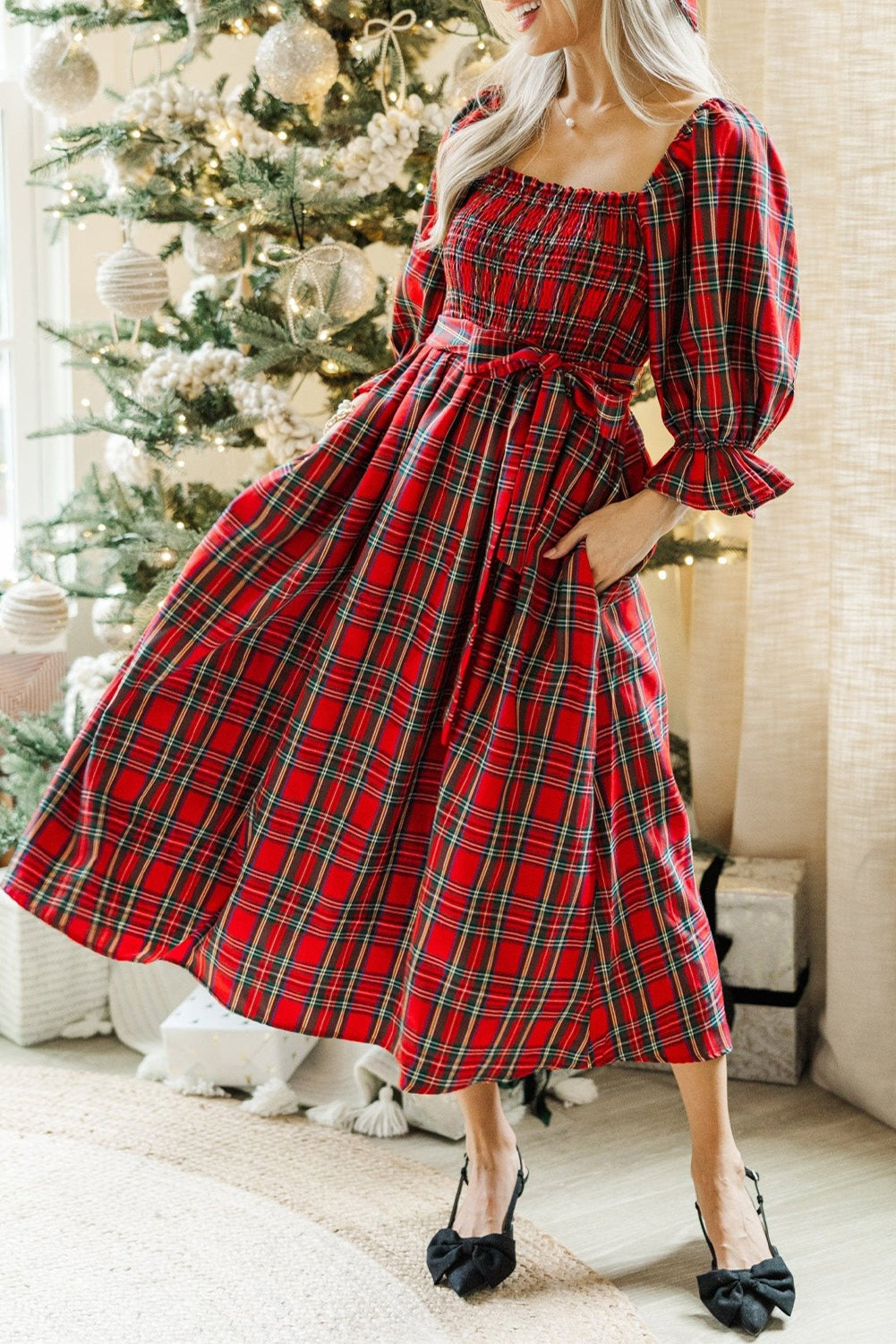 Red Plaid Square Neck Puff Sleeve Midi Dress with Bowknot Waist