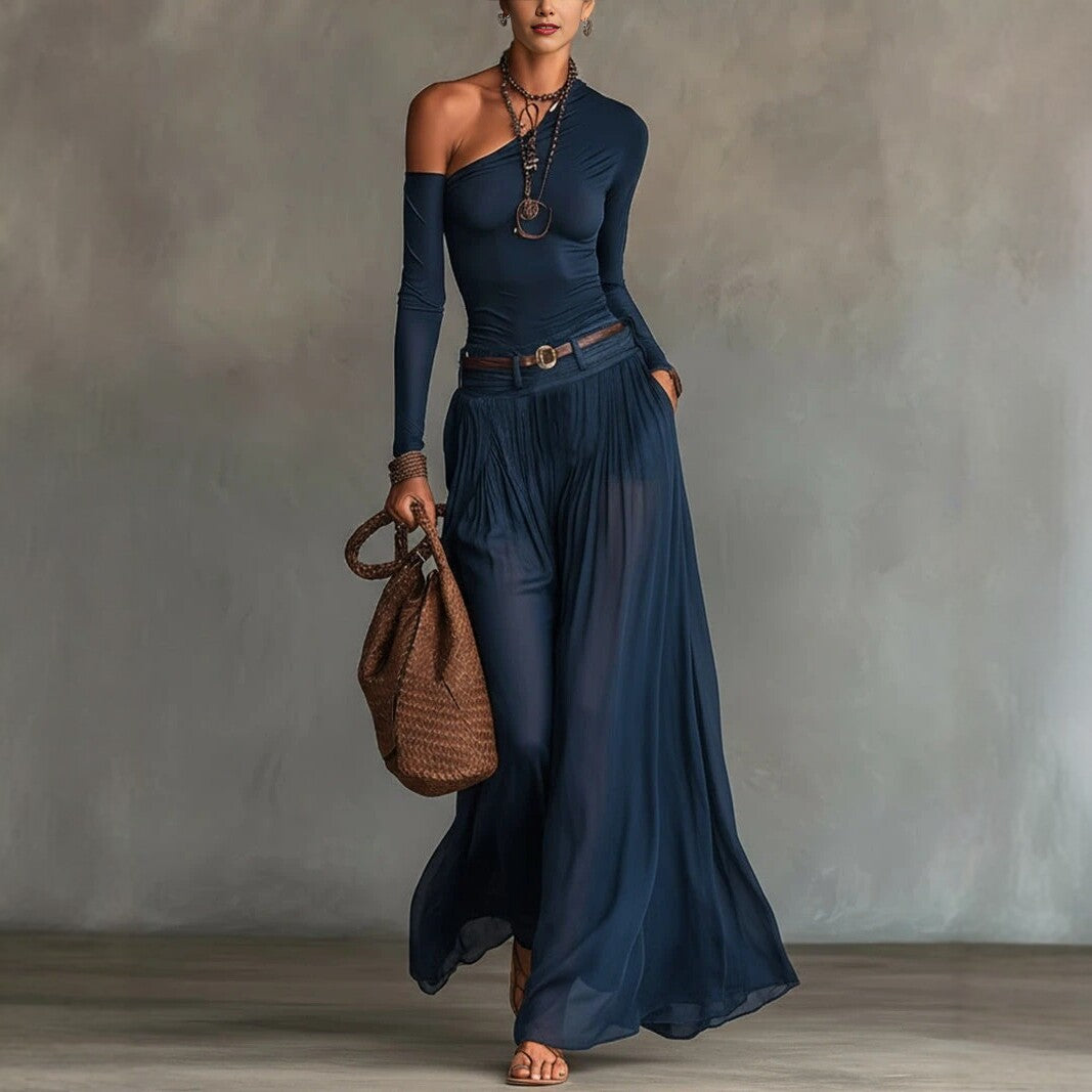 Asymmetrical Shoulder Belted A-Line Maxi Dress - Office Ready