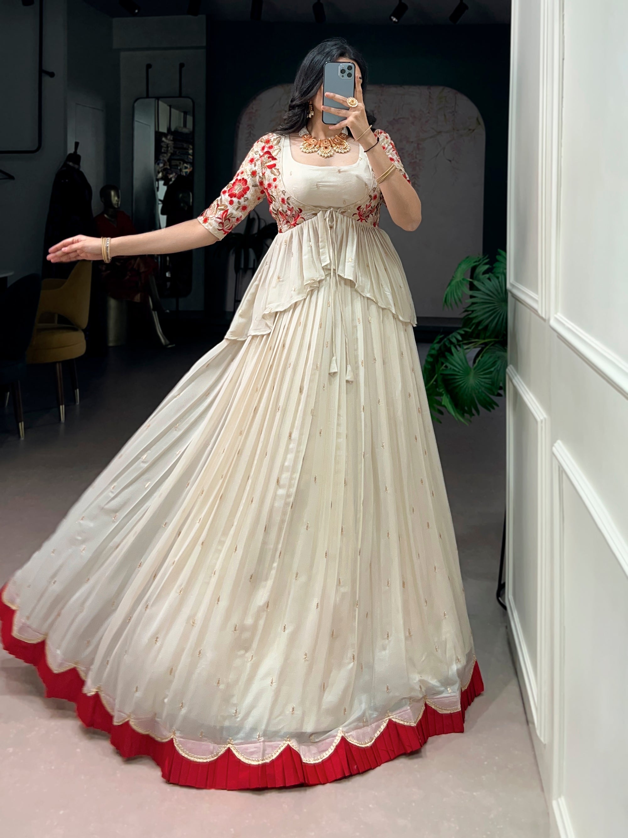 Offwhite Chocolate Silk Lehenga Choli with Embroidered Coat