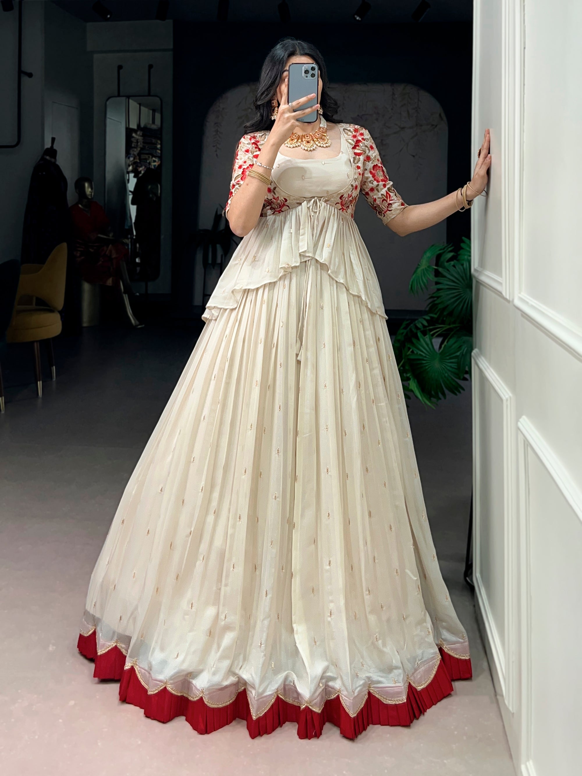 Offwhite Chocolate Silk Lehenga Choli with Embroidered Coat