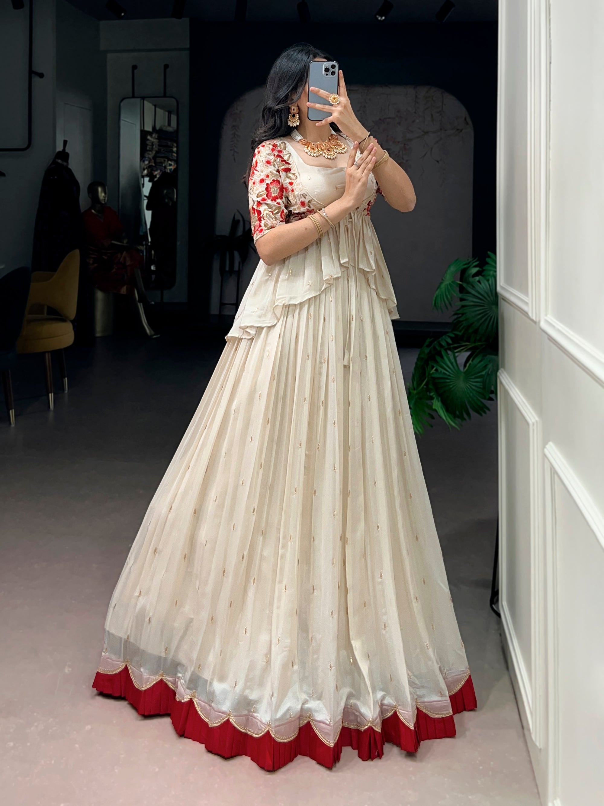 Offwhite Chocolate Silk Lehenga Choli with Embroidered Coat