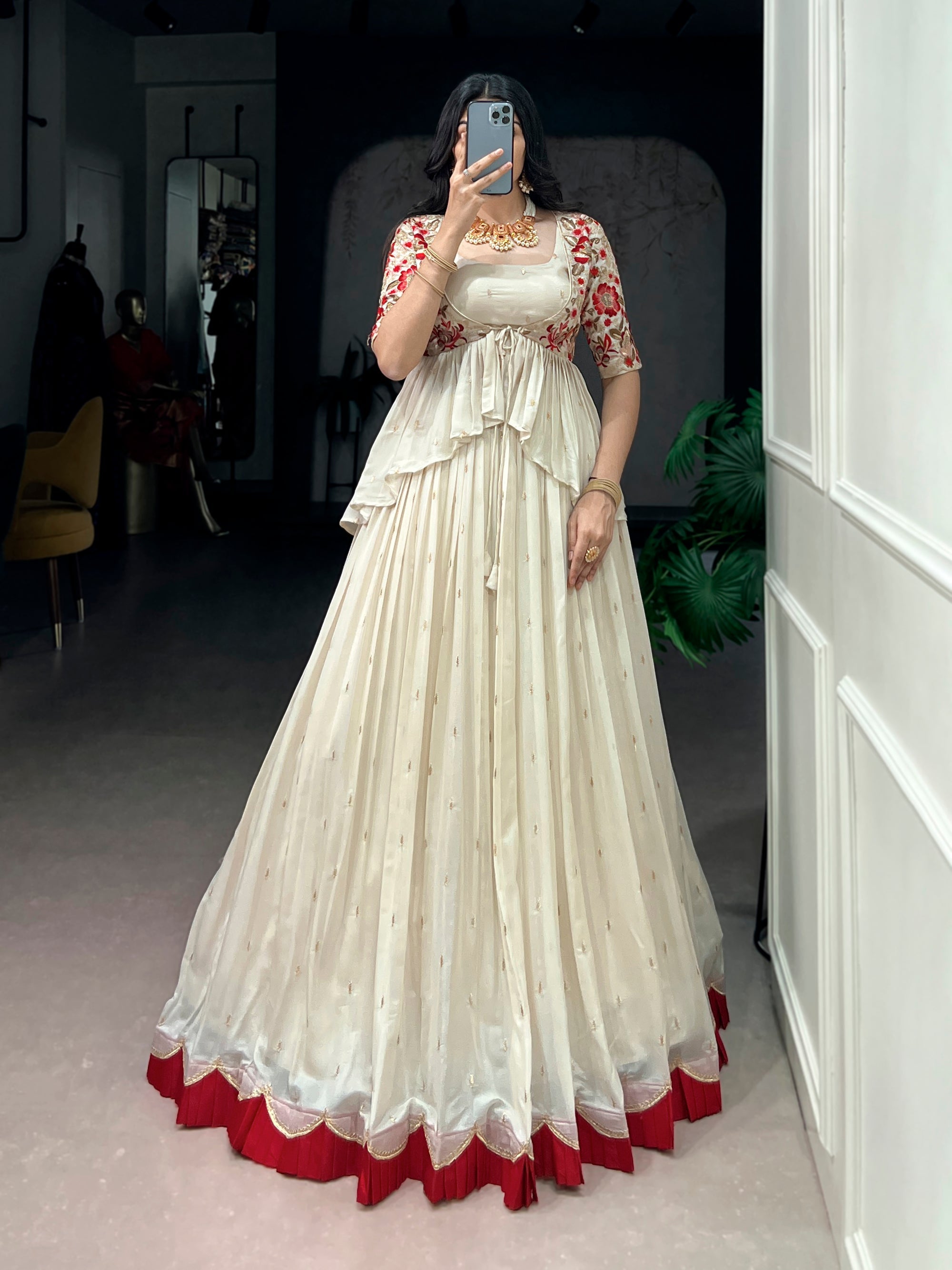 Offwhite Chocolate Silk Lehenga Choli with Embroidered Coat