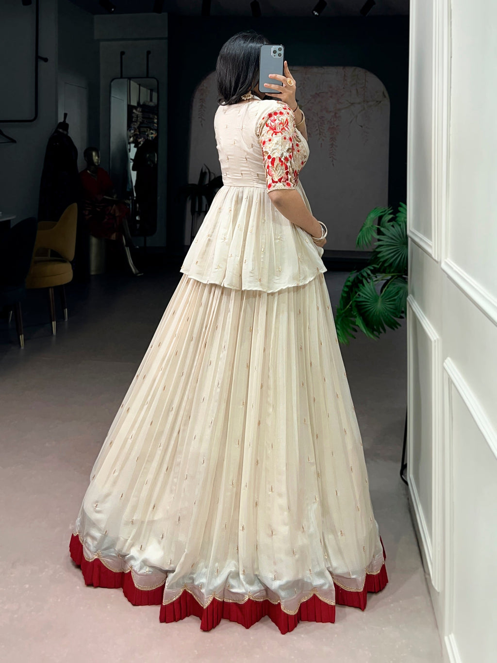 Offwhite Chocolate Silk Lehenga Choli with Embroidered Coat