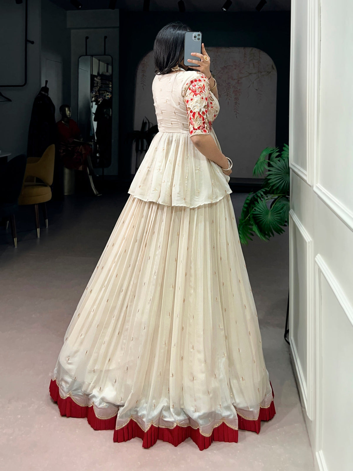 Offwhite Chocolate Silk Lehenga Choli with Embroidered Coat