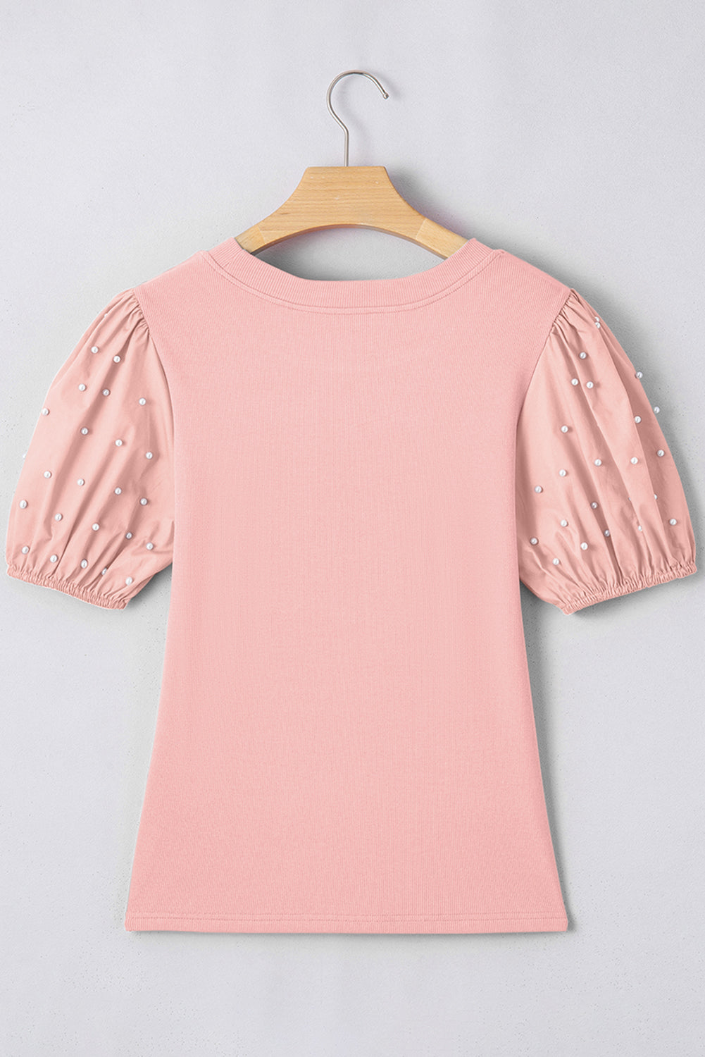 Pearl Beaded Puff Sleeve Ribbed Knit Top in Green and White