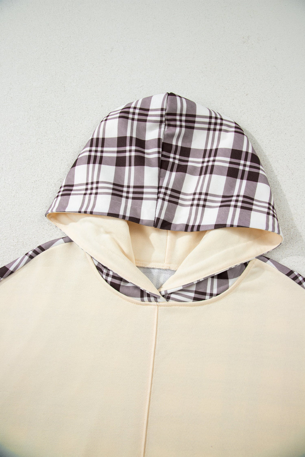 Beige Plaid Patchwork Side Slit Sweatshirt