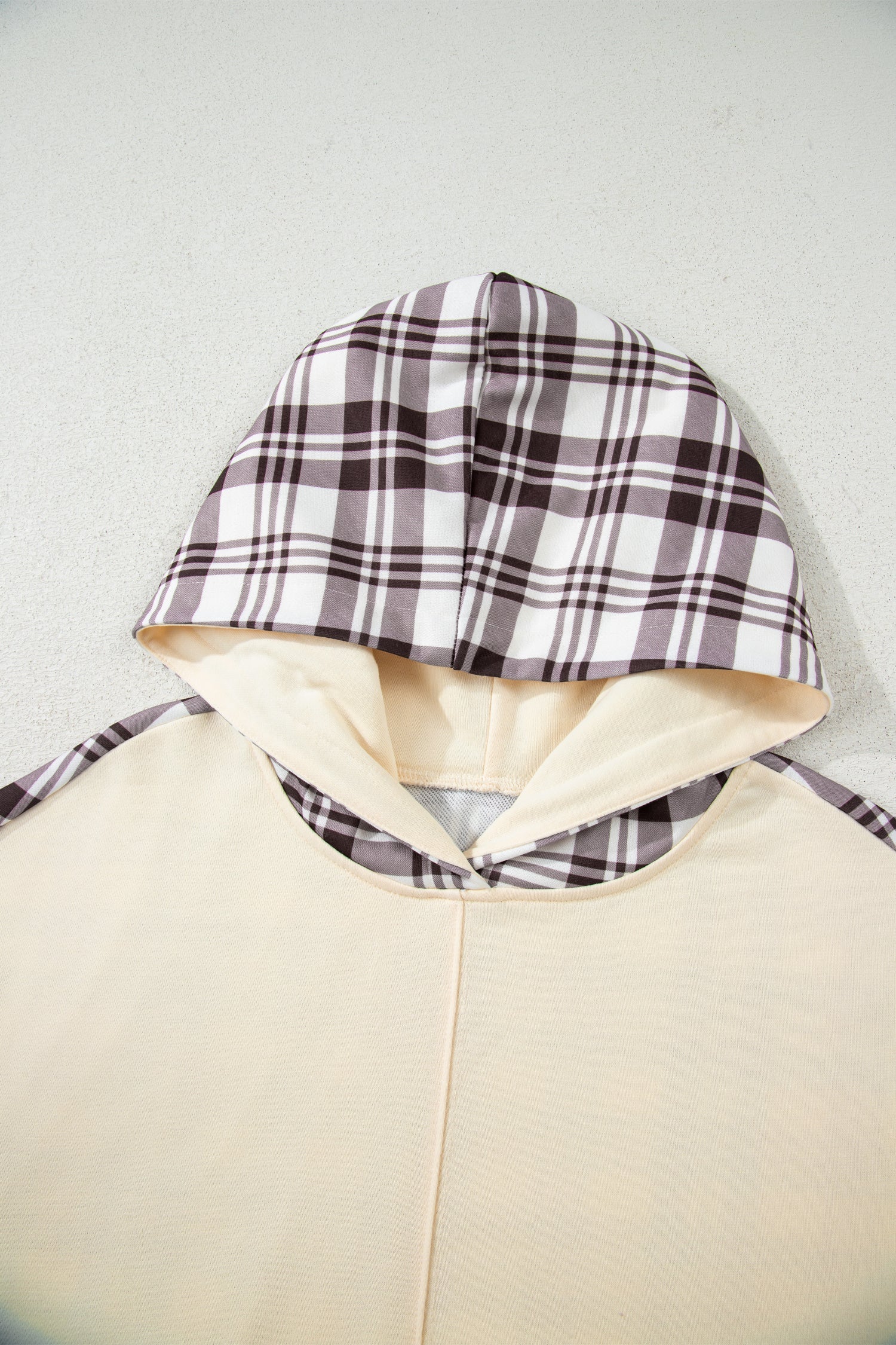 Beige Plaid Patchwork Side Slit Sweatshirt