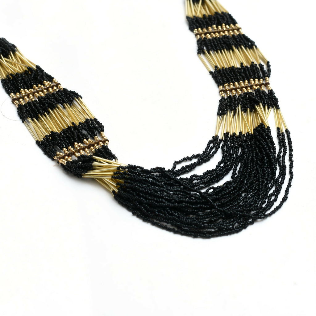 Black and Golden Handicraft Finish Beads Work Long Necklace