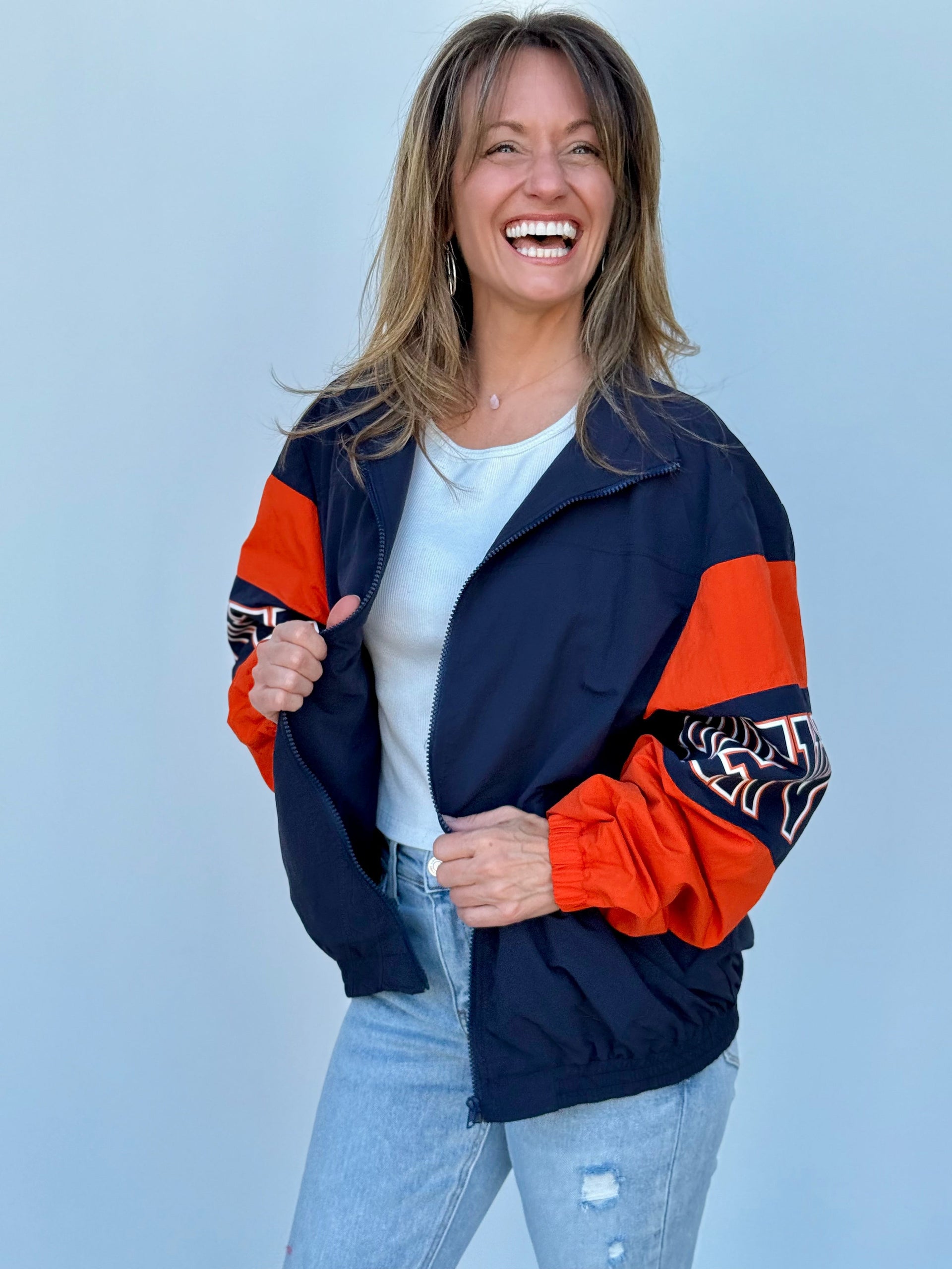 Denver Retro Jacket Women's Navy and Orange Sporty Bomber Zip-Up