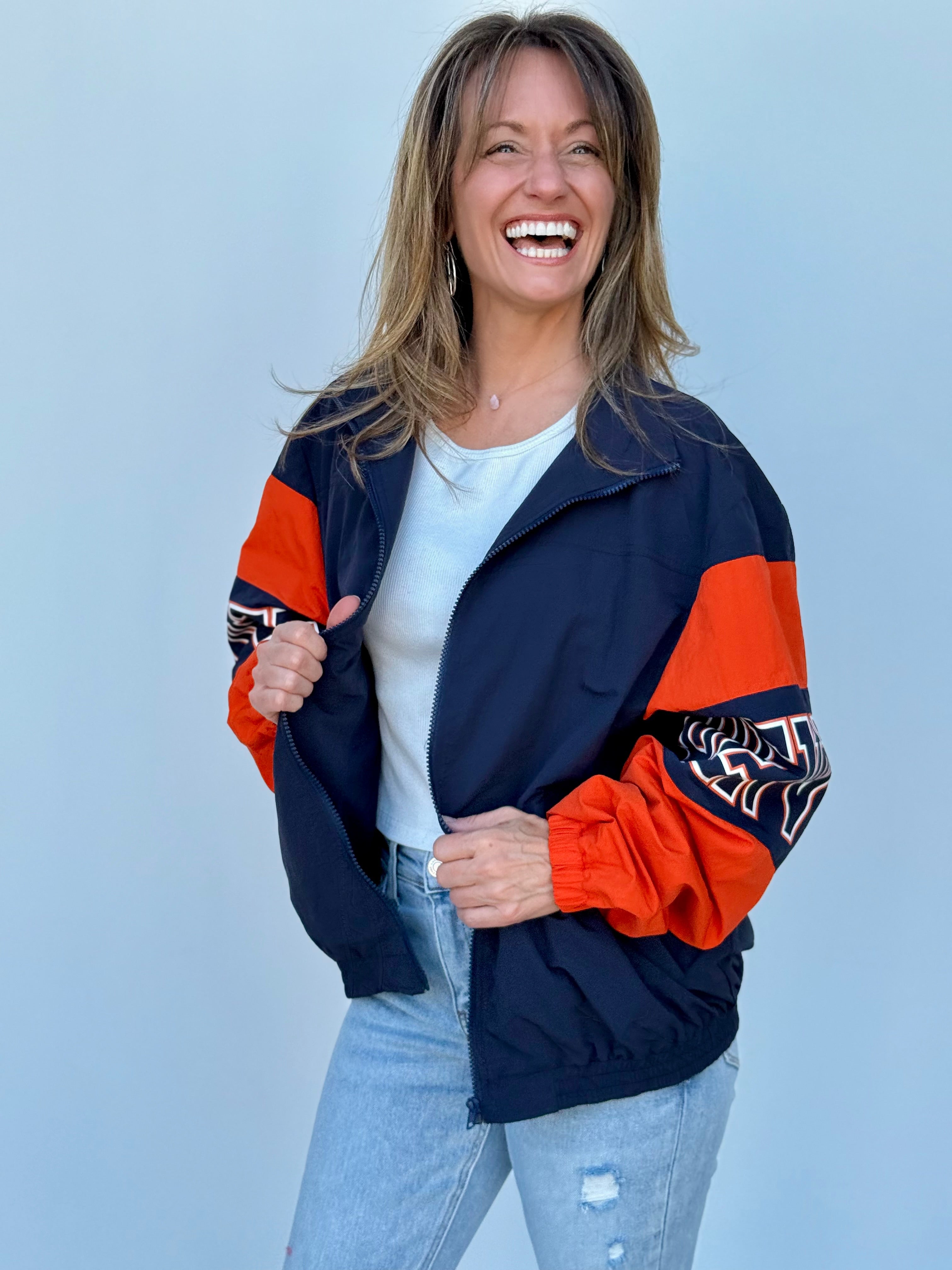 Denver Retro Jacket Women's Navy and Orange Sporty Bomber Zip-Up