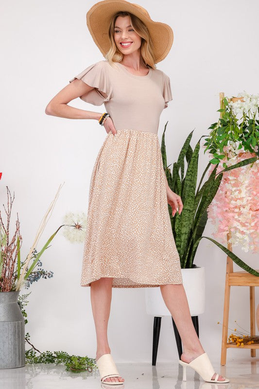 Polka Dot Round Neck Flutter Sleeve Midi Dress