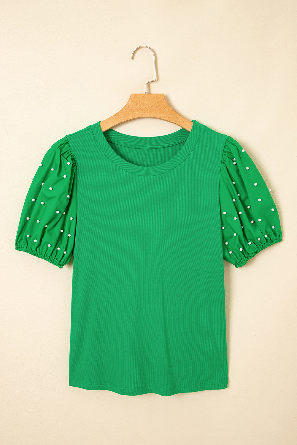 Pearl Beaded Puff Sleeve Ribbed Knit Top in Green and White