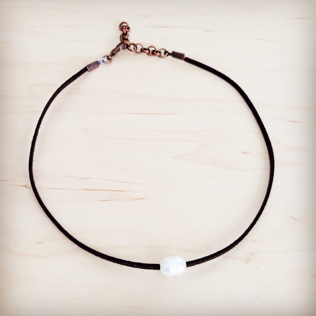Floating Pearl on Brown Leather Choker Necklace 229R