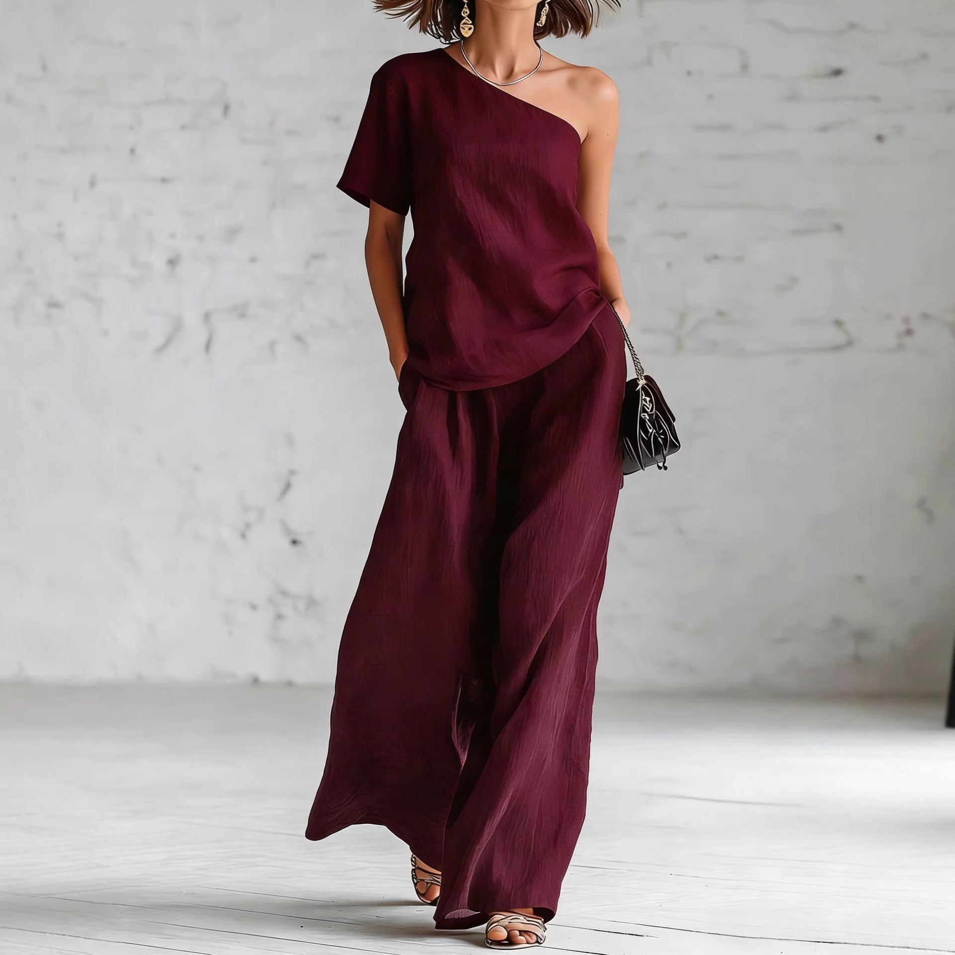 Women's One-Shoulder Top and Wide-Leg Pants Two-Piece Set - Image 5