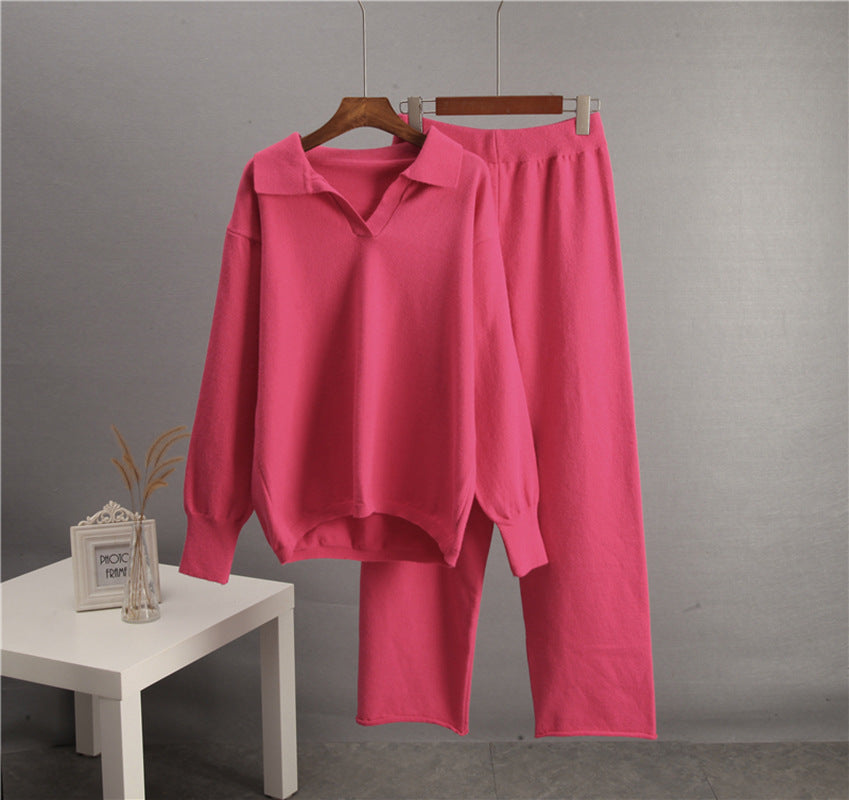 Women's Solid Color Lapel Sweater Two-Piece Co-ord Set - Image 11