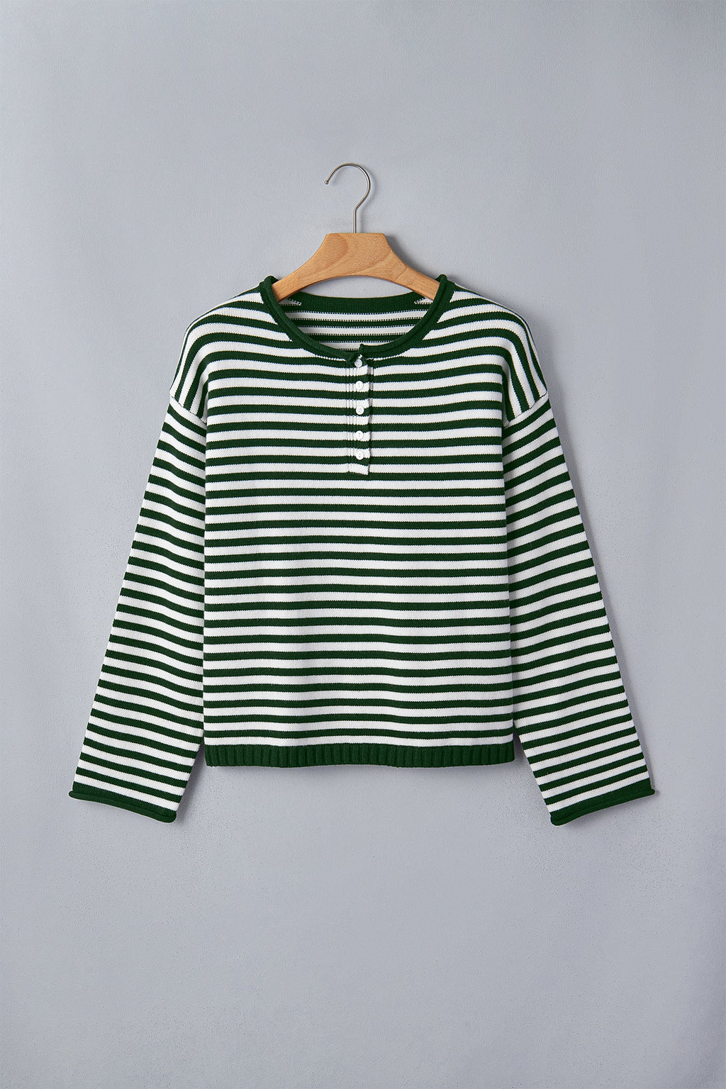 Stripe Button Placket Drop Shoulder Long Sleeve Sweater