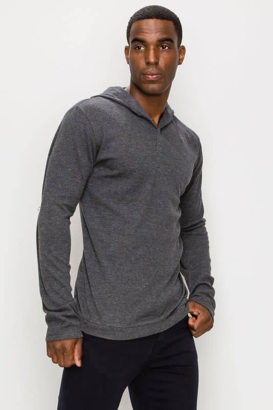 Men's Long Sleeve Henley Hooded Top in Charcoal Gray Knit