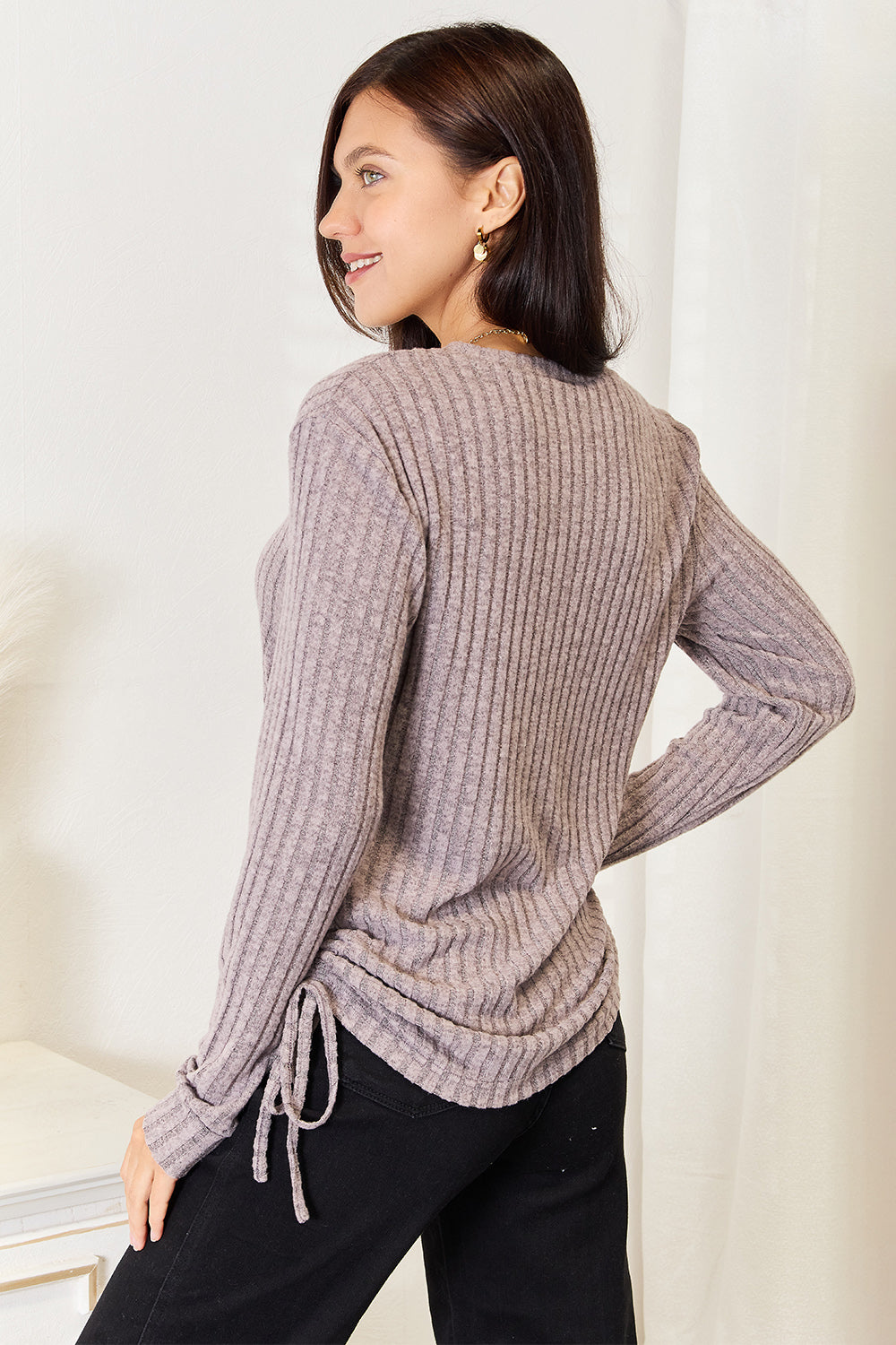 Drawstring Ribbed Long Sleeve T-Shirt | Stretchy Knit Top