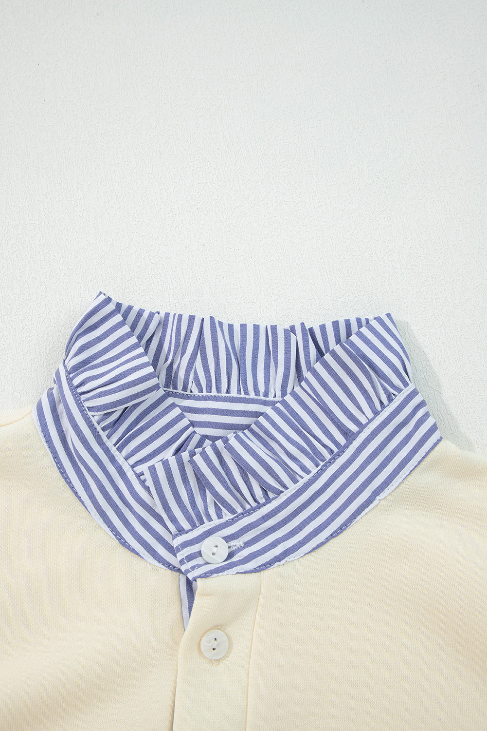 White Striped Patchwork Puff Sleeve Button Collar Sweatshirt