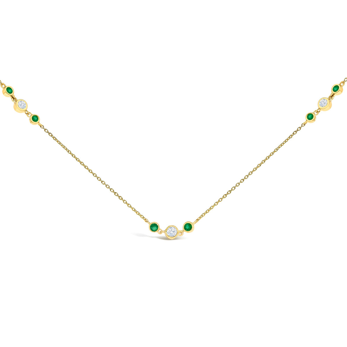 14K Yellow Gold Emerald and 1/2 Cttw Diamond Station Necklace