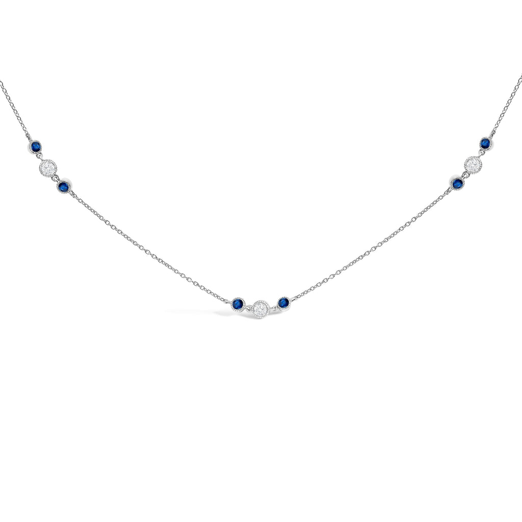 14K White Gold Sapphire and 1/2 Cttw Diamond Station Necklace