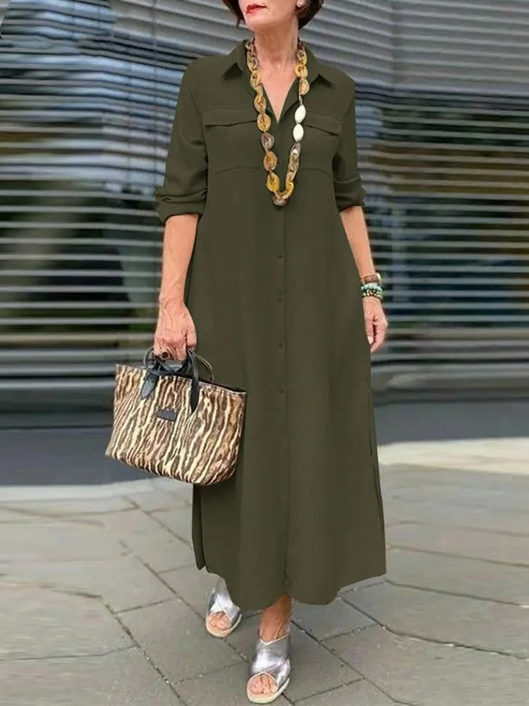 Long Sleeve Button Lapel Dress in Minimalist Solid Colors