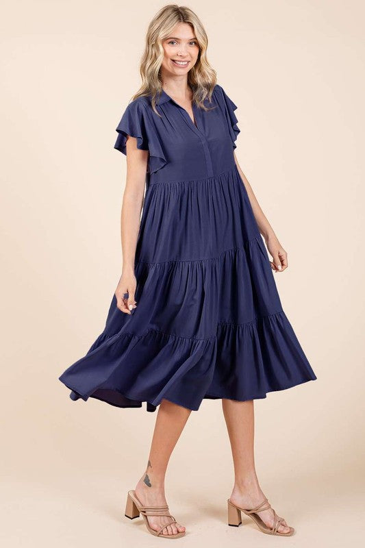 Navy Blue Ruffle Sleeve Tiered Midi Dress with Collared V-Neck