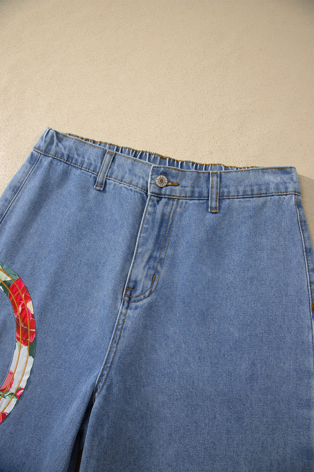 Floral Peace Sign Embroidered Wide Leg Jeans in Medium Blue
