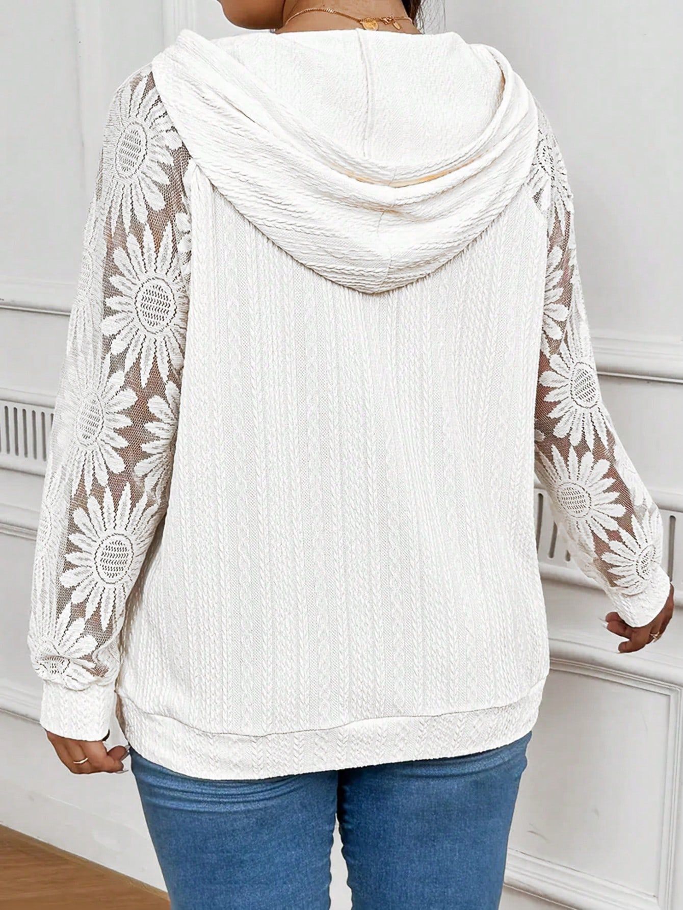 Women's Floral Lace Sleeve Pullover Hoodie in Crisp White - Image 2