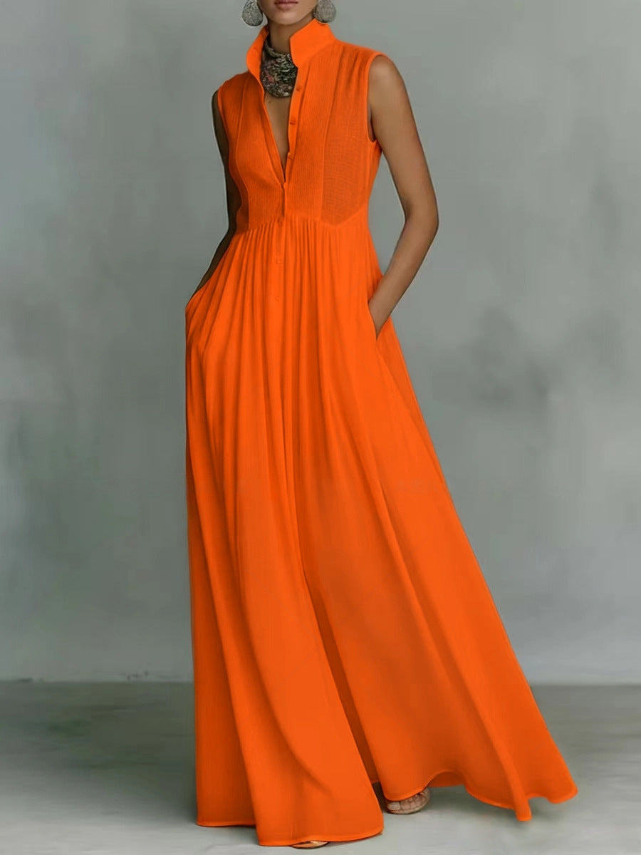 Women's Sleeveless Stand Collar Maxi Dress with Pockets - Image 5