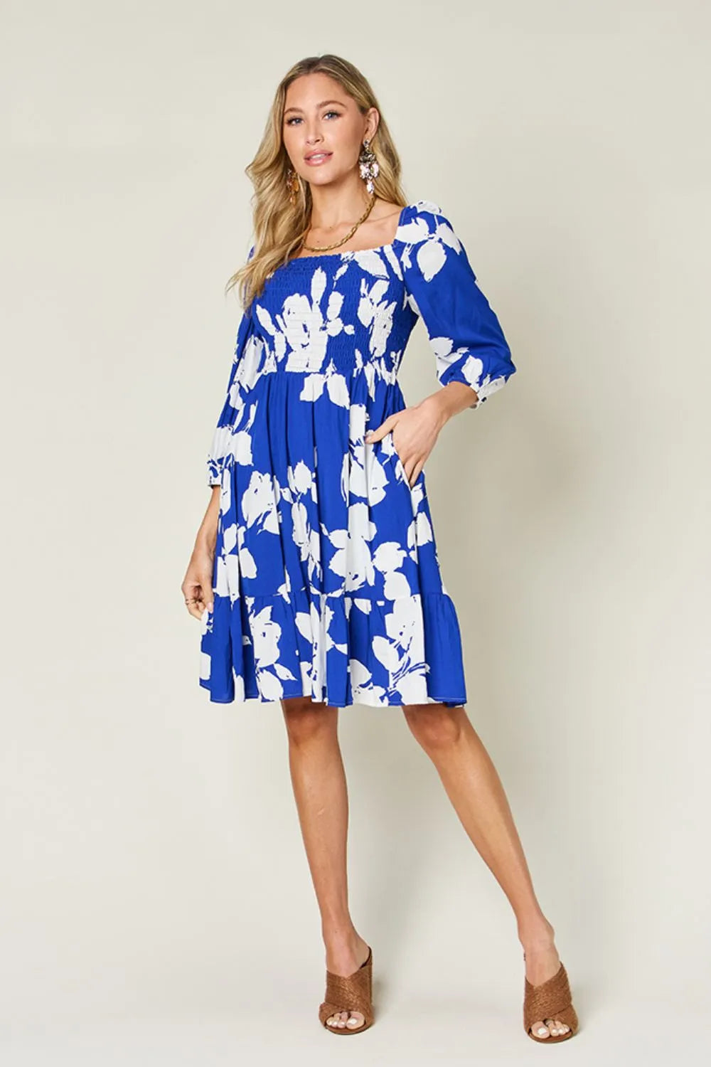 Floral Ruffle Hem Smocked Midi Dress with Pockets