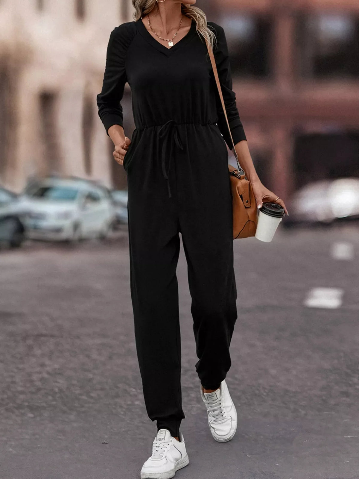 Casual Long Sleeve Drawstring Waist Jumpsuit