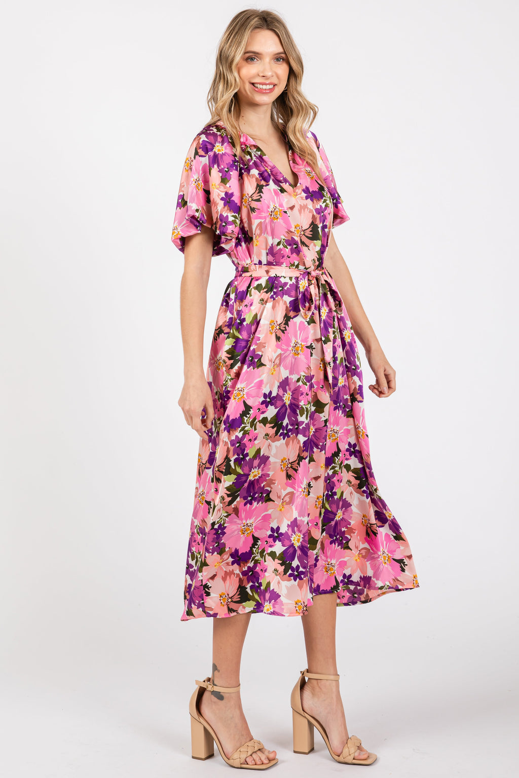 Violet Floral V-Neck Short Puff Sleeve Tie Waist Satin Midi Dress