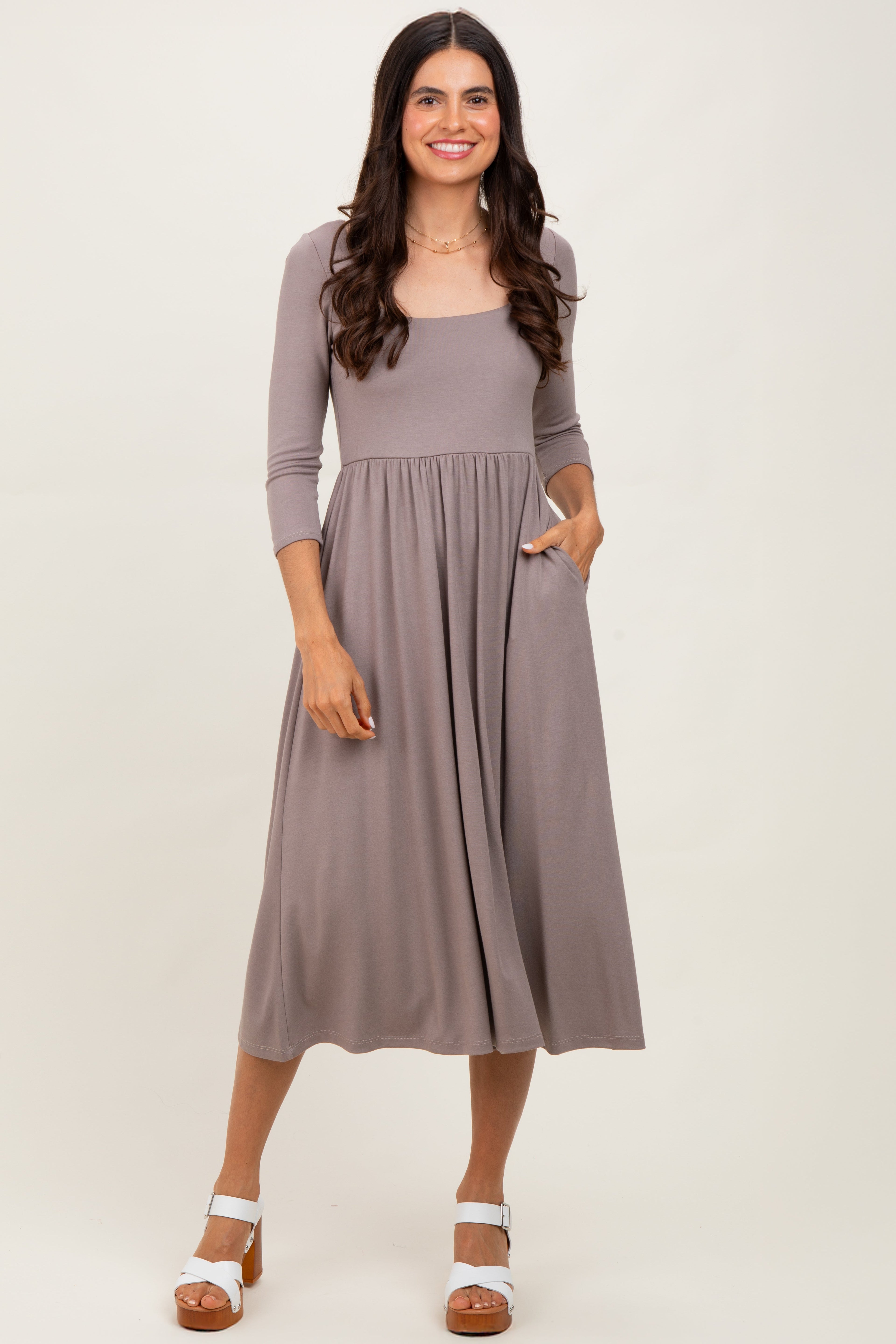 Mocha Square Neck 3/4 Sleeve Maternity Midi Dress