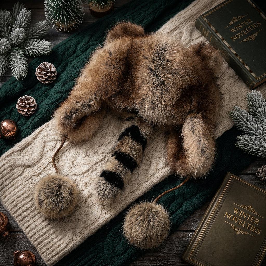 Raccoon Tail Plush Winter Hat with Drawstring