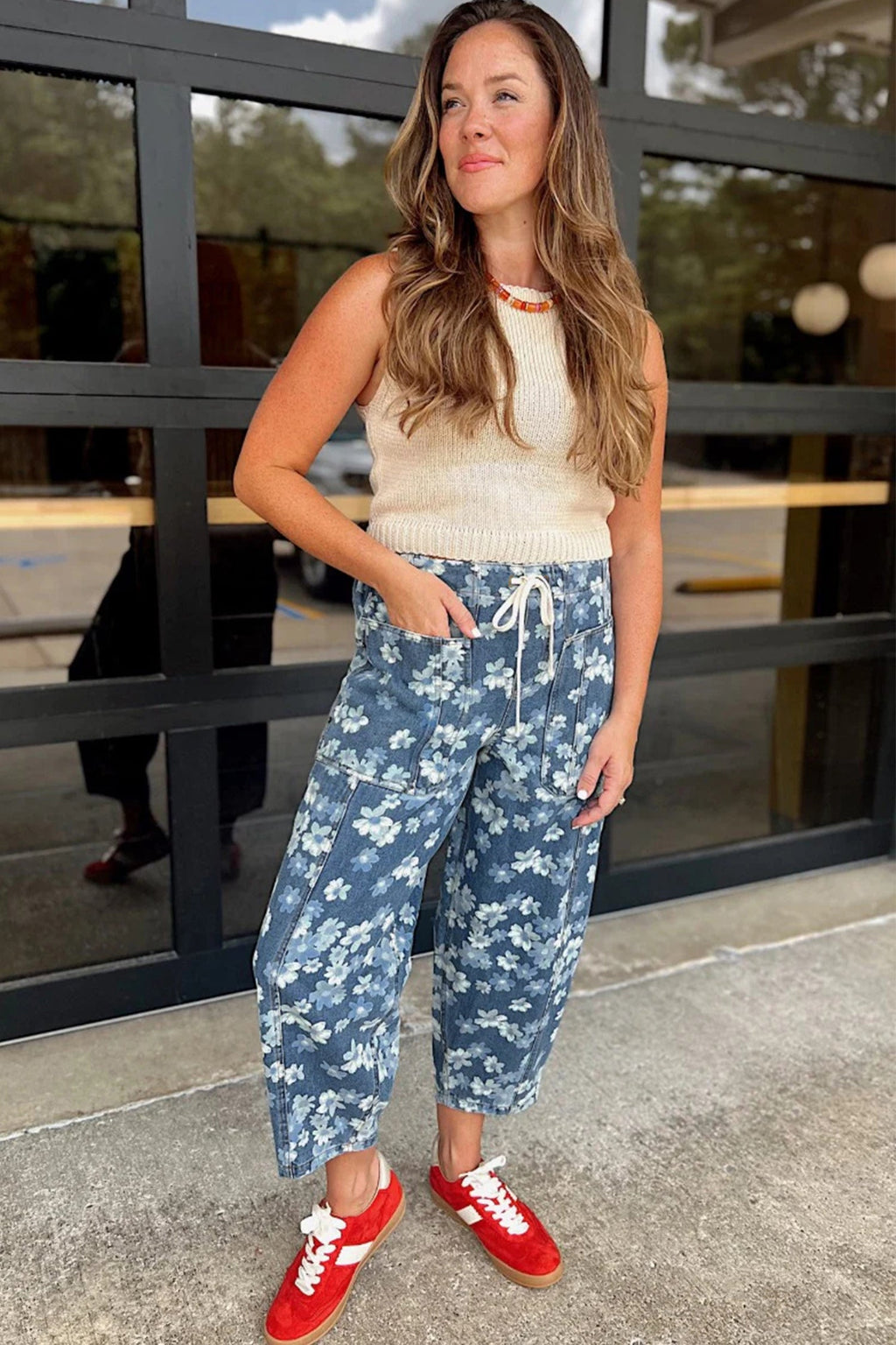 Sky Blue Dainty Floral Print Barrel Leg Drawstring Jeans