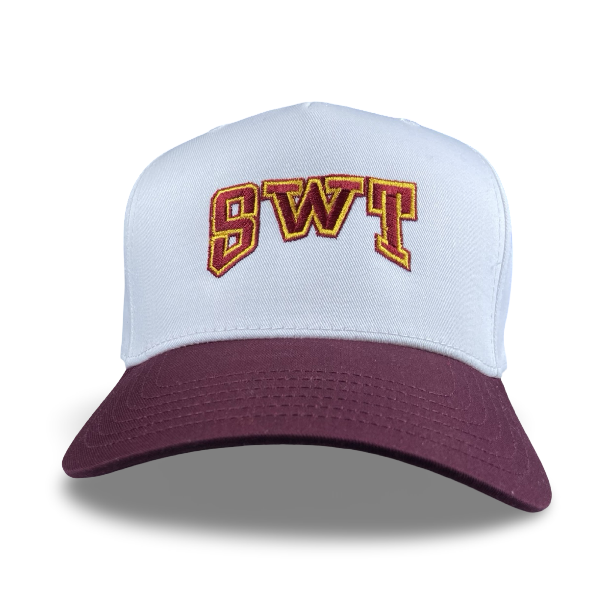 SWT trucker hat in maroon and white with arched Southwest Texas State logo embroidery