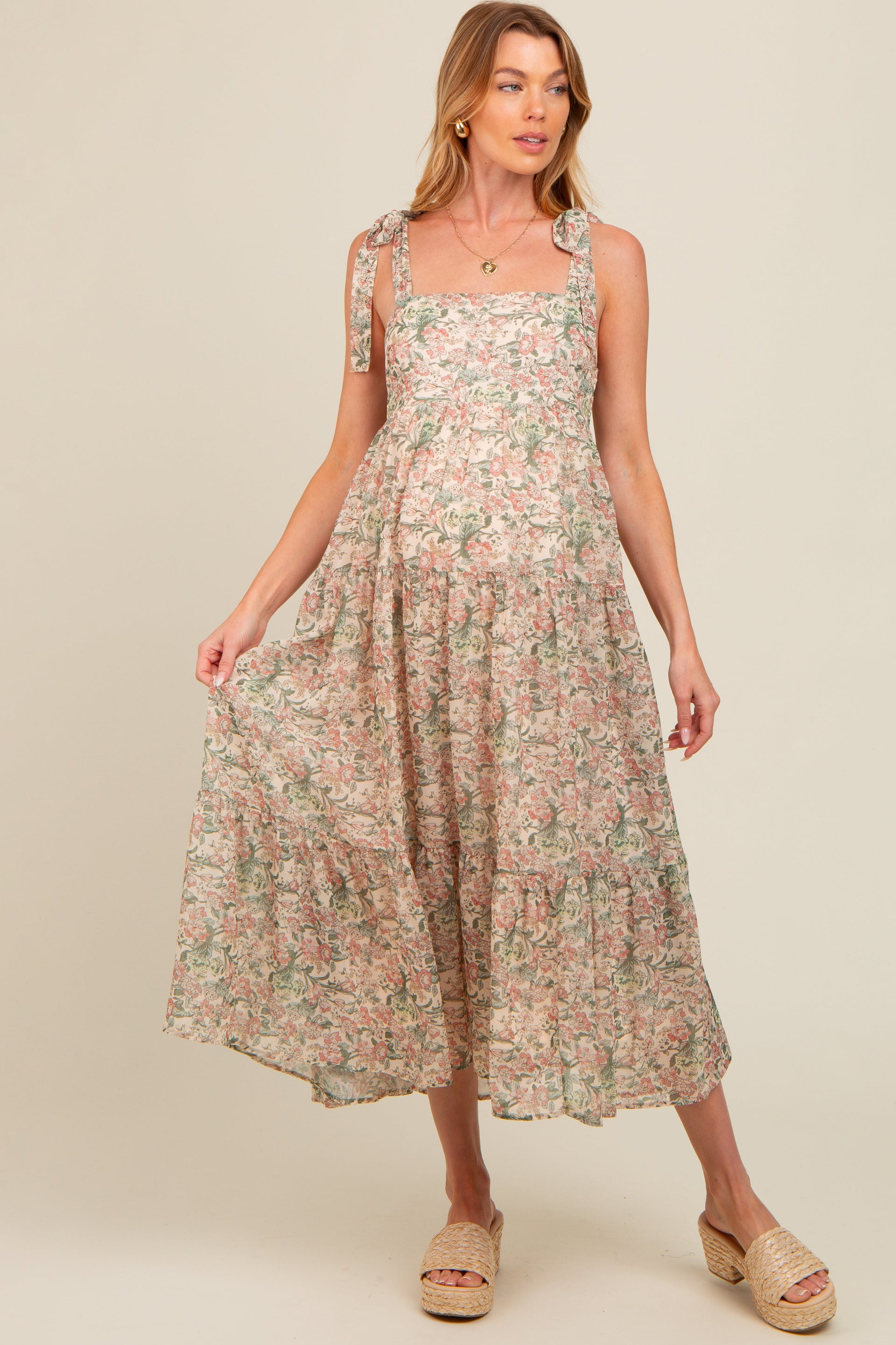 Cream Floral Shoulder Tie Tiered Maternity Maxi Dress